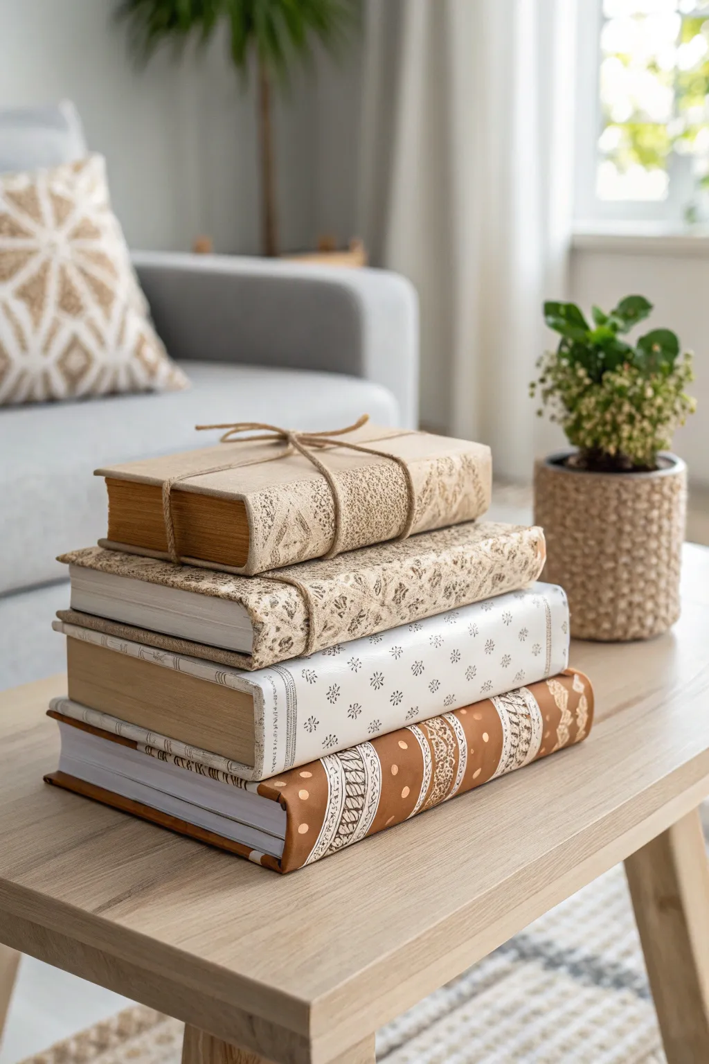Transform your coffee table with a personalized book stack wrapped in elegance. Perfect harmony of art and nature.