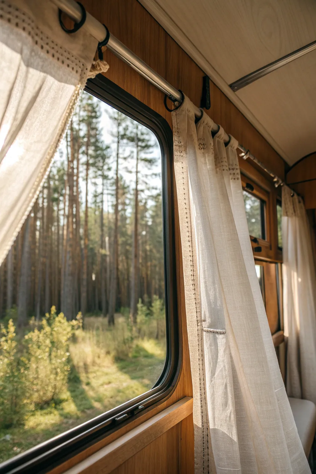 Transform your camper into a serene haven with sheer curtains that invite natural light and elegance.