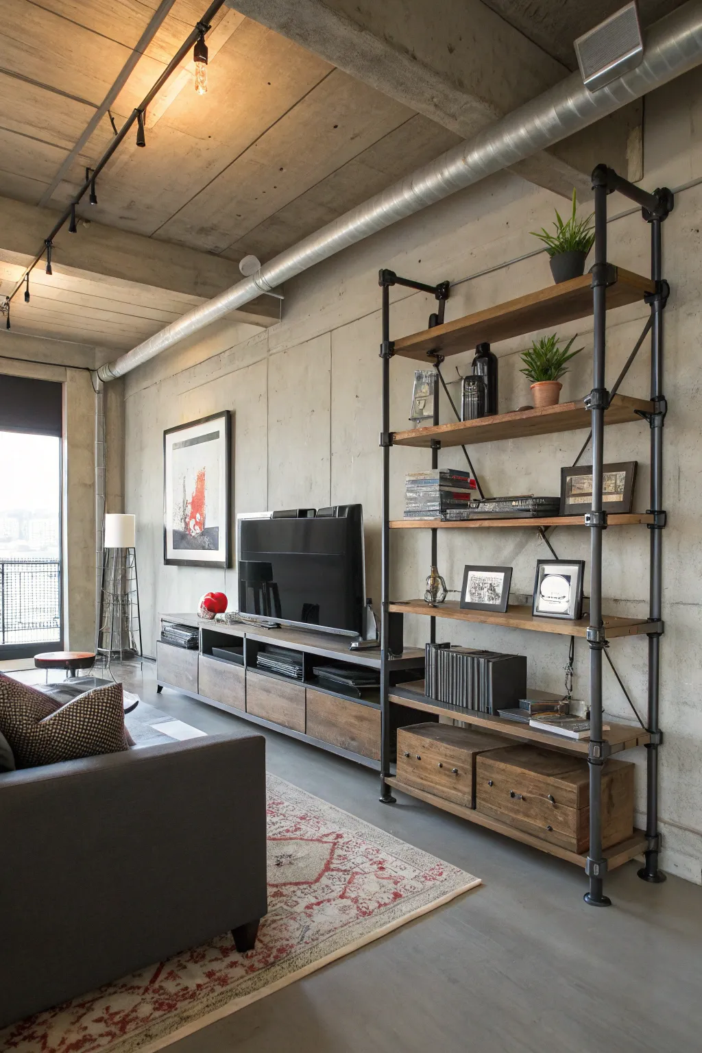 Industrial pipe shelving adds a modern and edgy look under your TV.