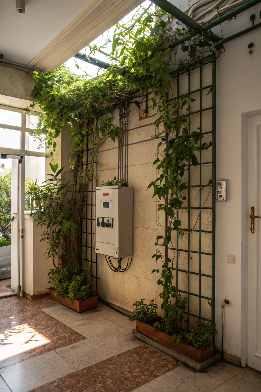 Plant trellises offer a natural and decorative way to hide electrical panels.