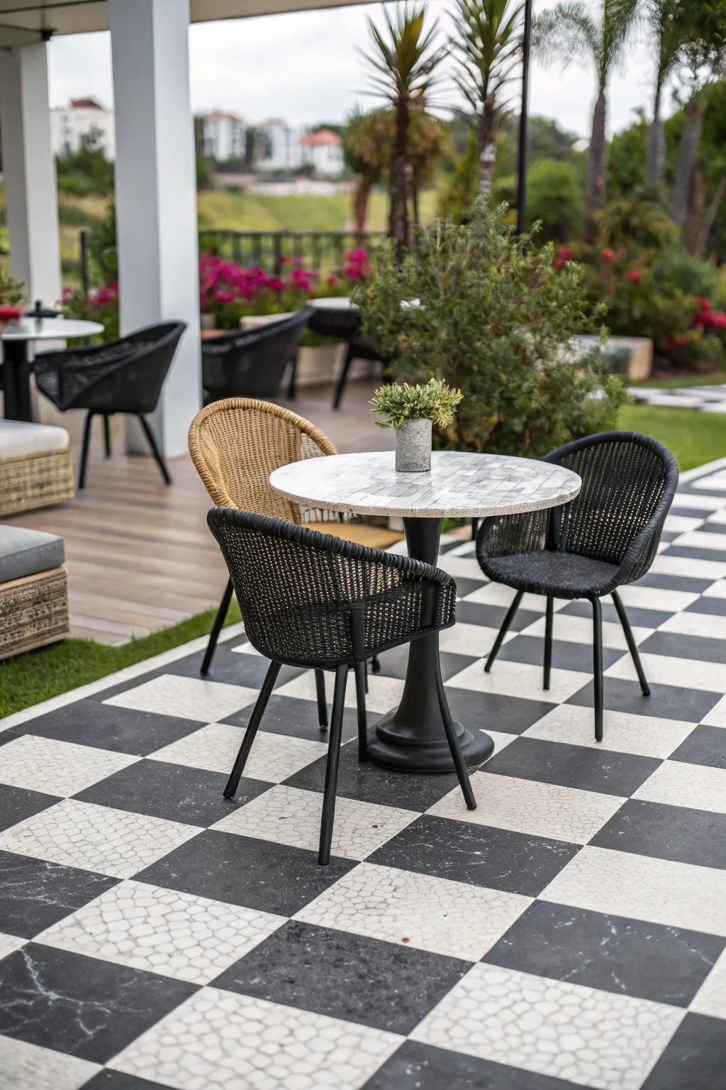 Checkerboard patterns bring a playful vibe to outdoor spaces.