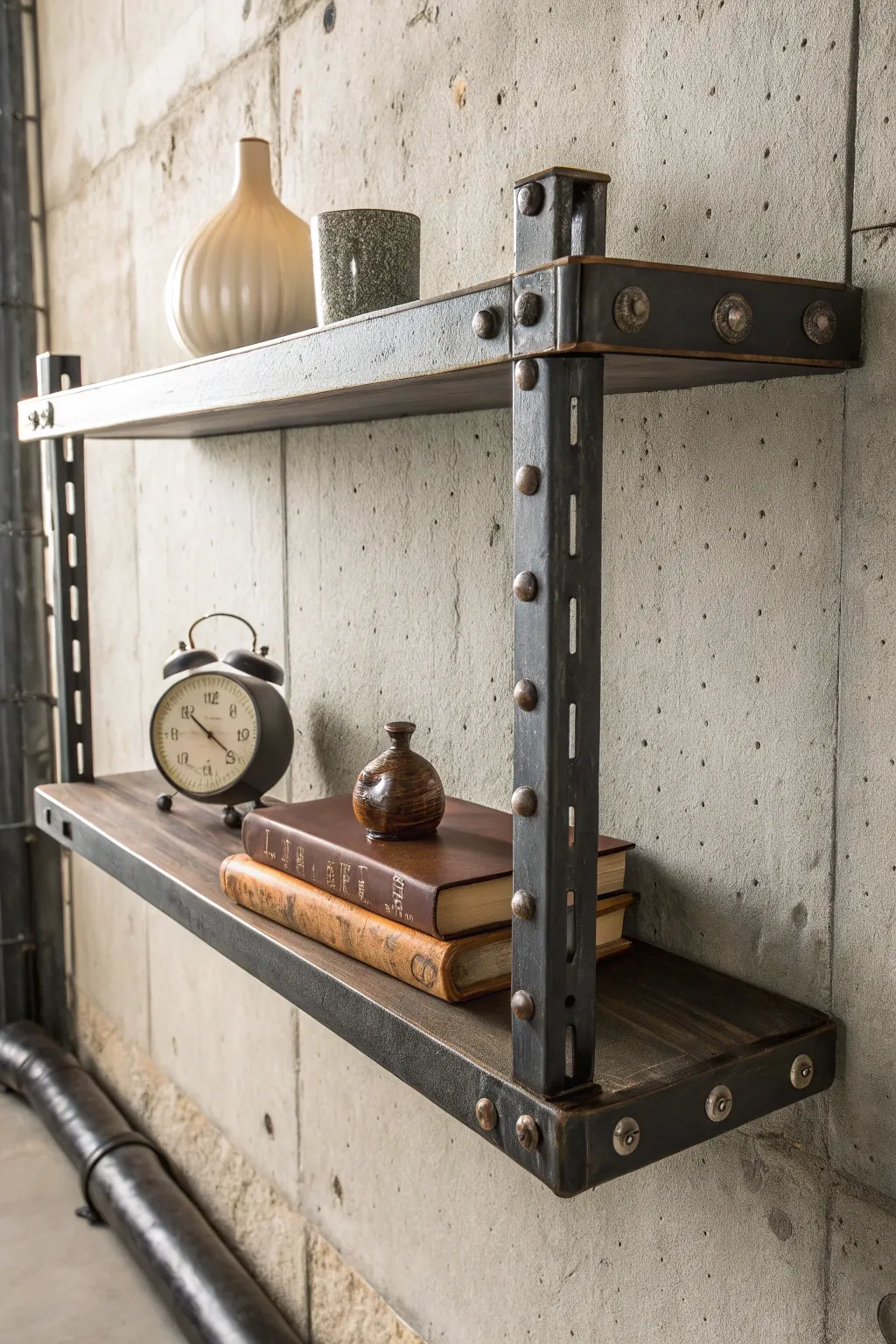 Showcase your style with sleek, industrial floating shelves.