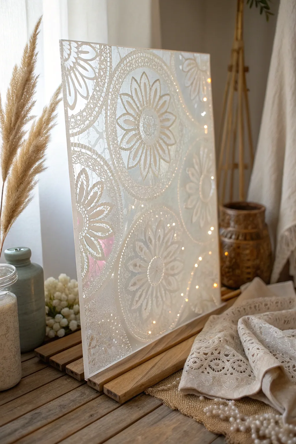 Illuminate your space with the ethereal beauty of translucent sugar art panels. Perfect for adding depth and elegance to any decor.