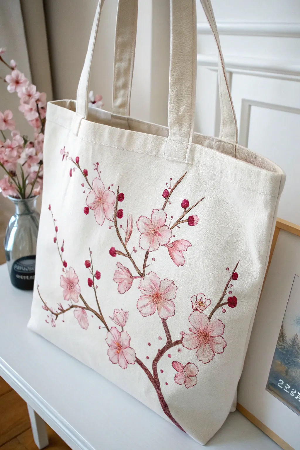 Embrace the serene beauty of cherry blossoms with this handcrafted, minimalist tote.