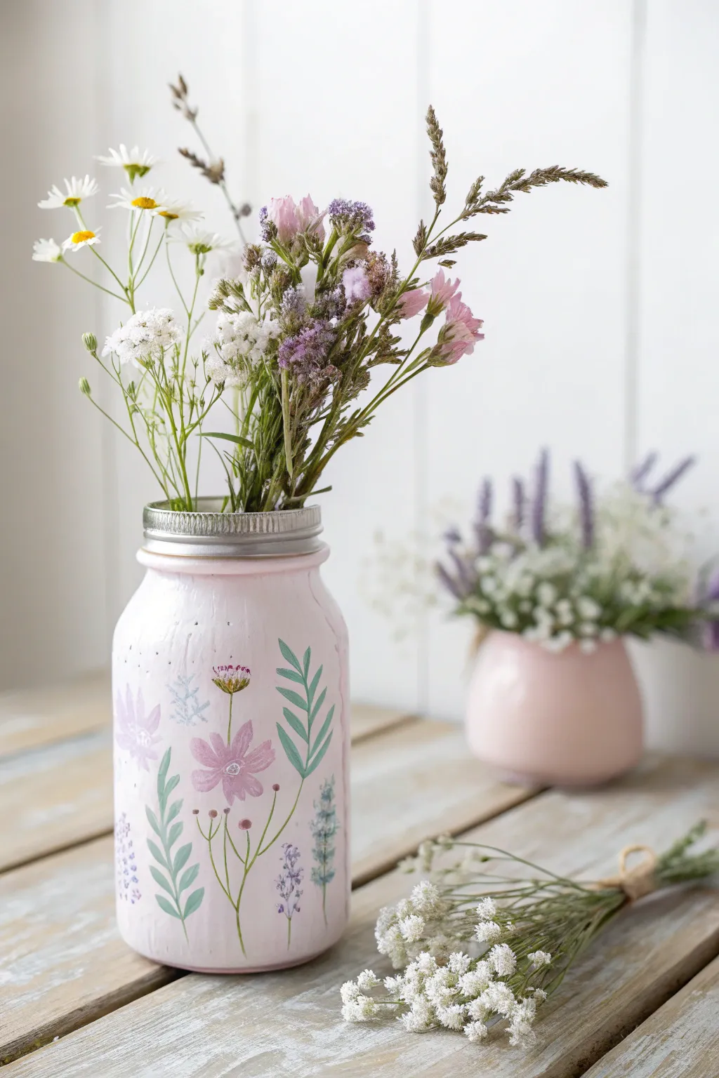 Elevate your space with a touch of handcrafted charm: a pastel-painted jar vase perfect for showcasing your favorite blooms.