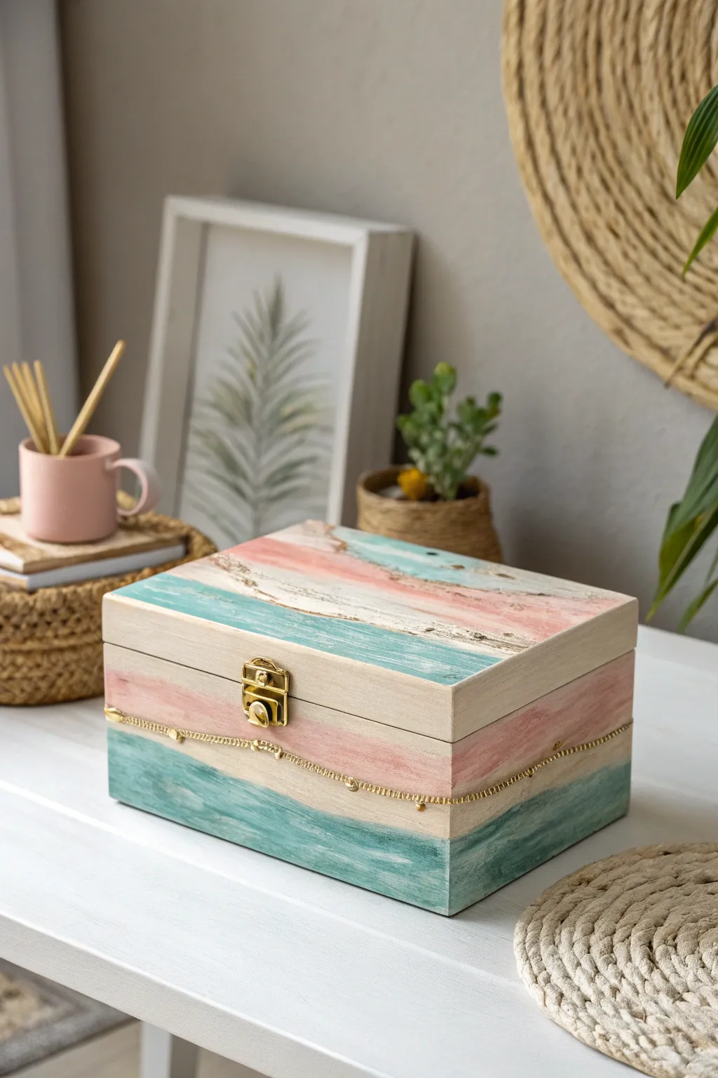 Transform your jewelry box with artistic layered paints for a touch of Scandinavian elegance and Boho charm.