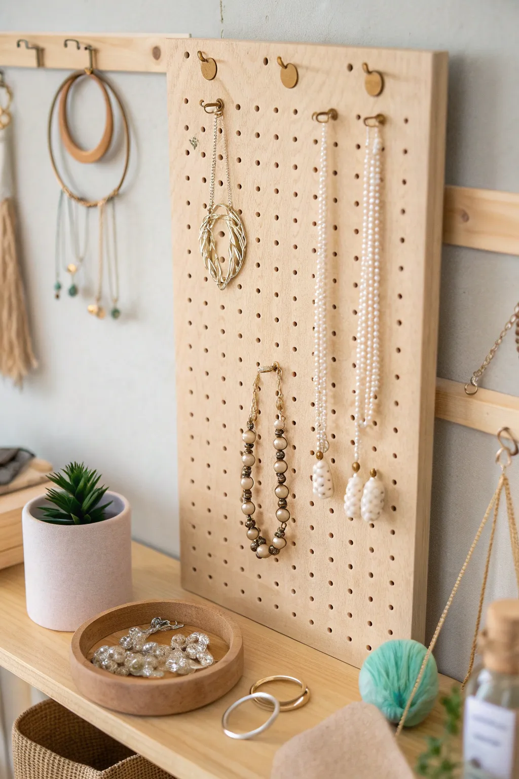 Elevate your craft show display with a multi-purpose pegboard that blends functionality with elegant design.