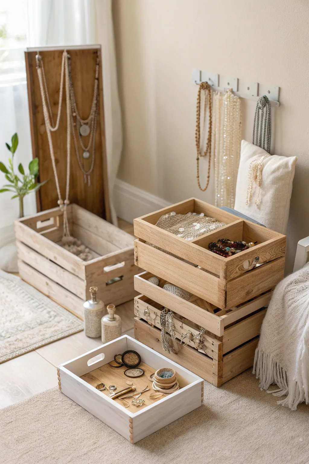 Transform your workspace with rustic charm: Discover the art of using repurposed wooden crates for stunning jewelry storage.