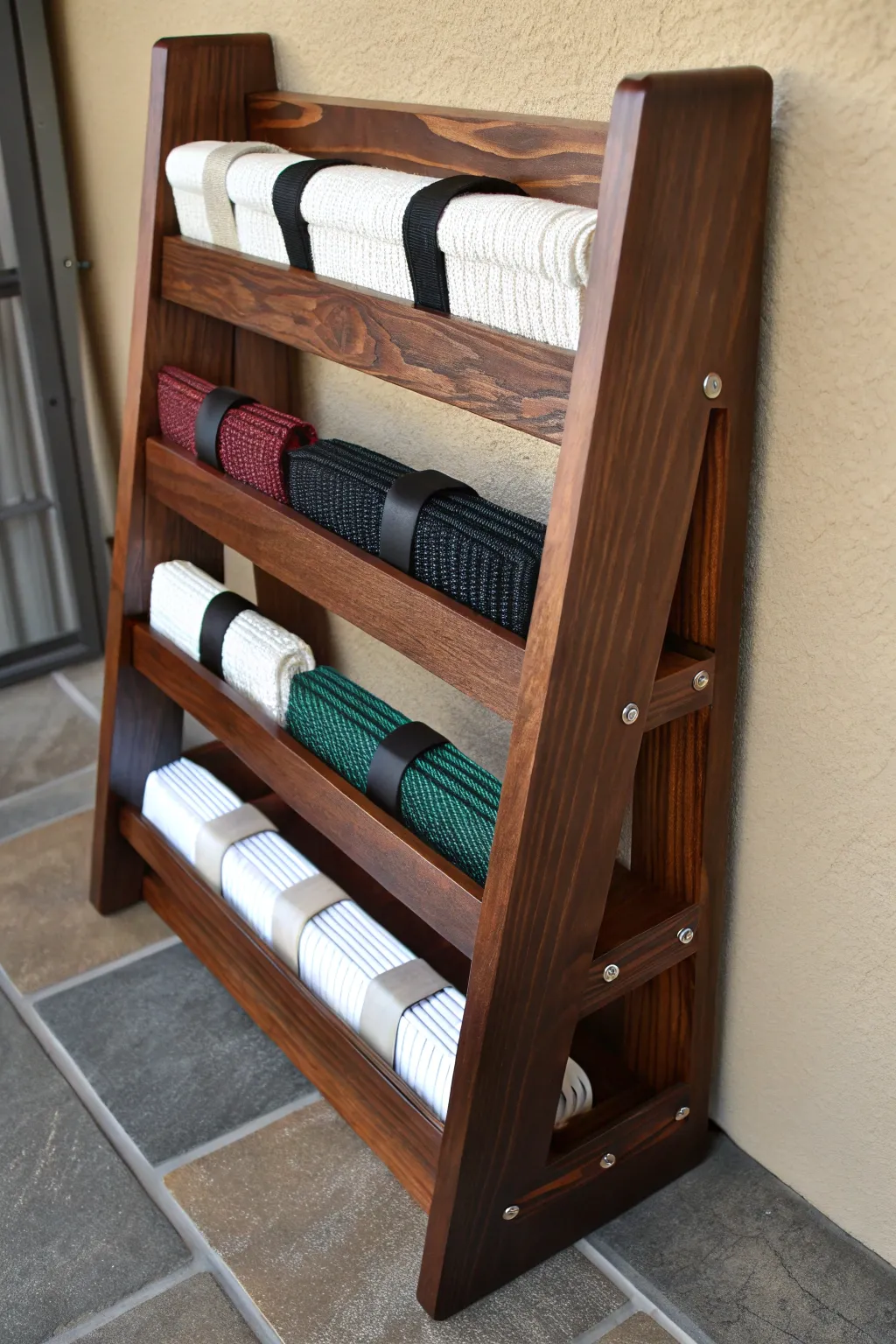 Showcase your journey with style: A handcrafted multi-tier shelf for your karate belts.