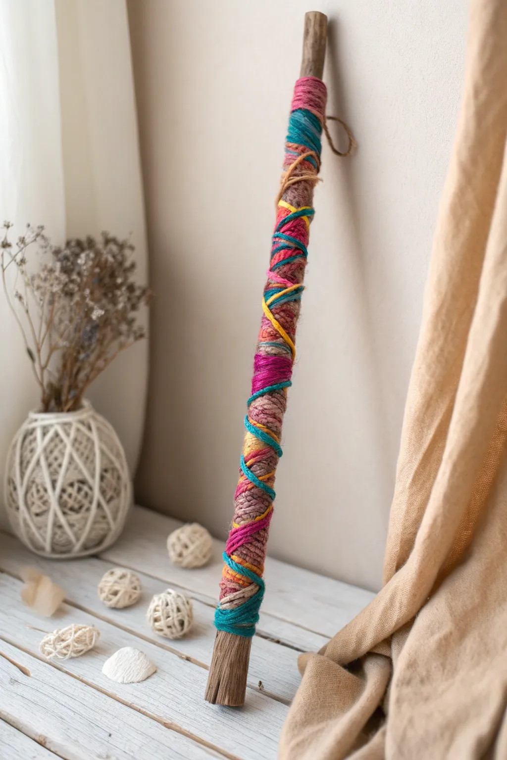 Nature meets creativity: A simple yet stunning yarn-wrapped stick craft.