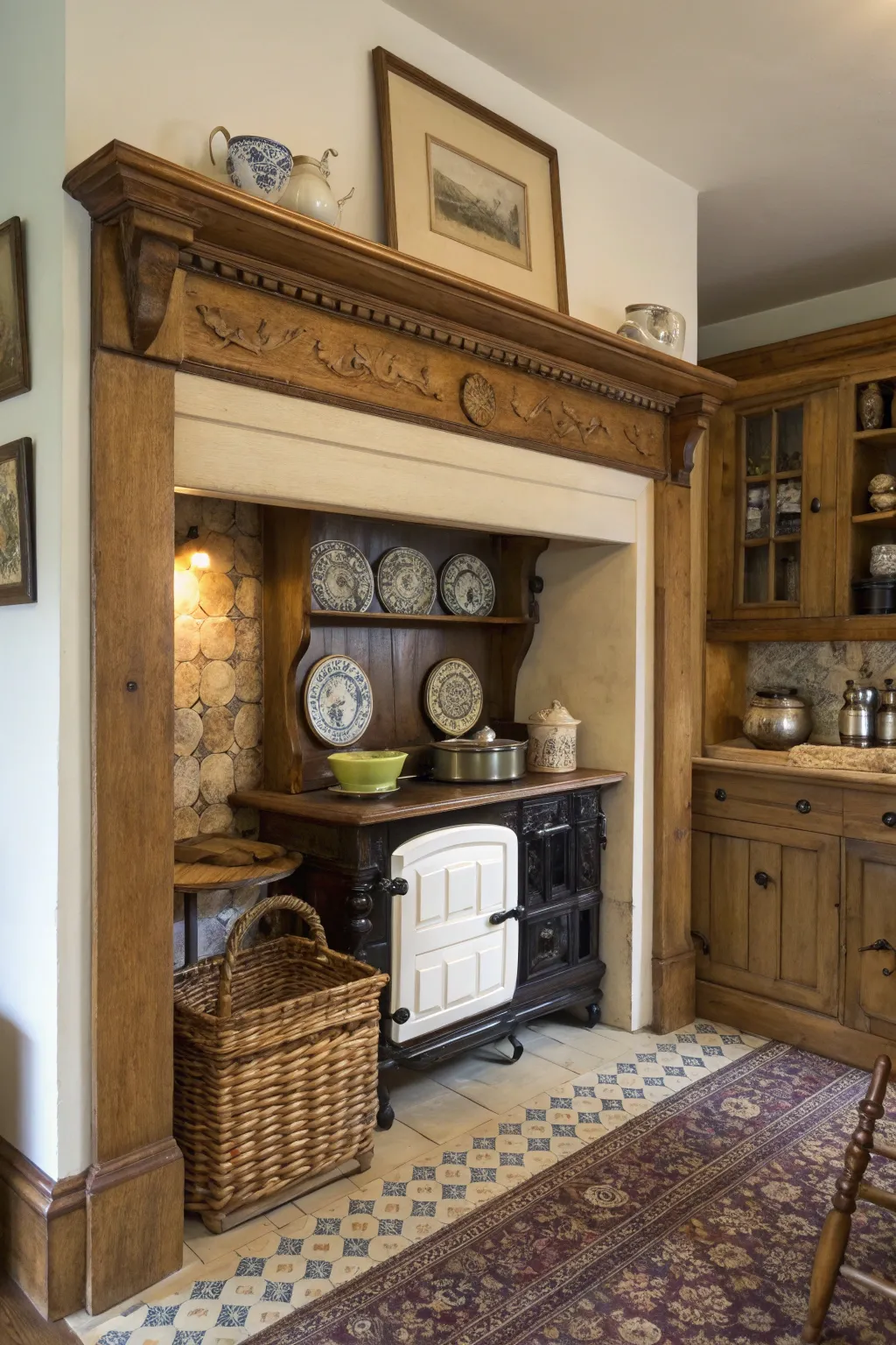 A wooden mantel brings classic elegance to this kitchen alcove.