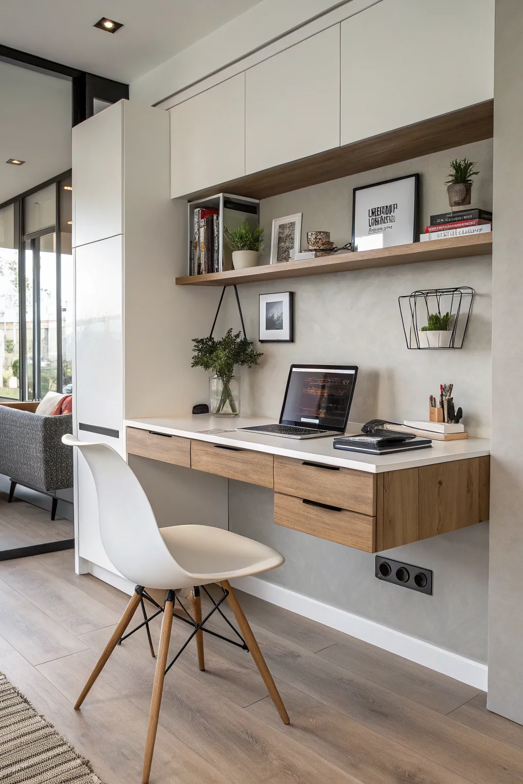 A floating desk adds a minimalist touch to the kitchen.