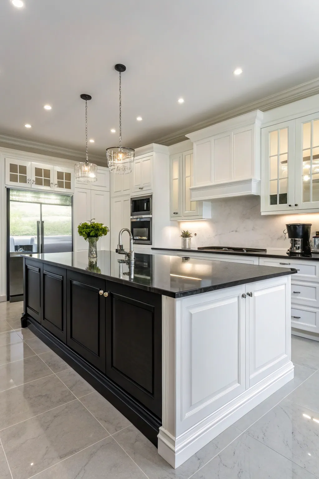 A kitchen featuring a high gloss black island that adds luxury to white cabinets.