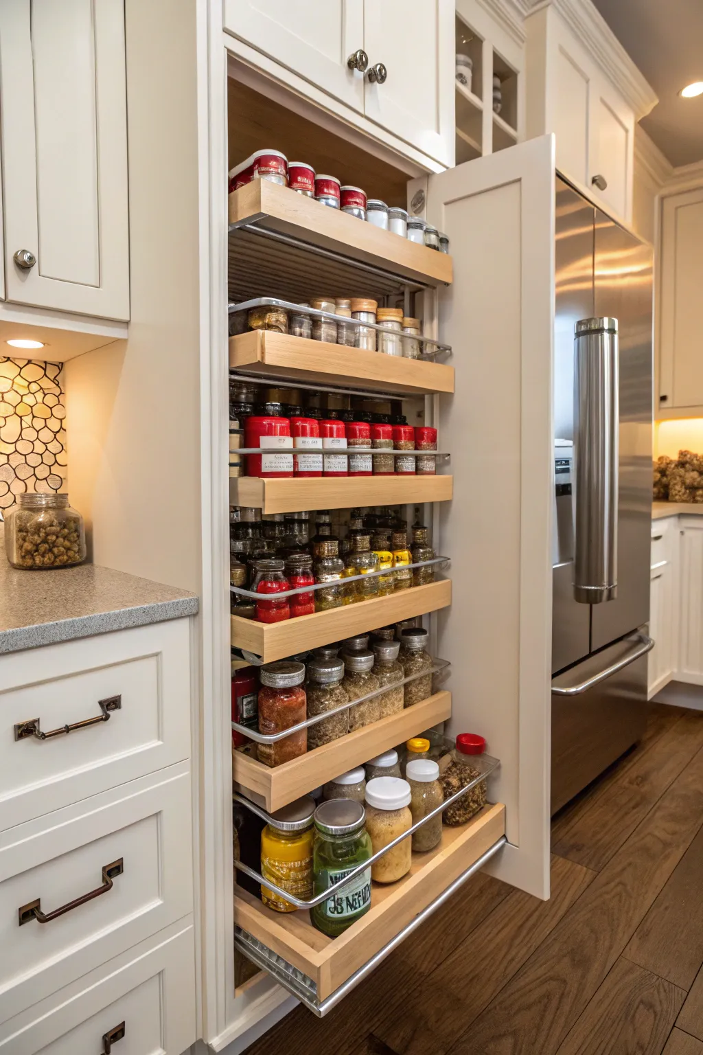 Pull-out spice racks in an L-shaped pantry, keeping spices organized and accessible.