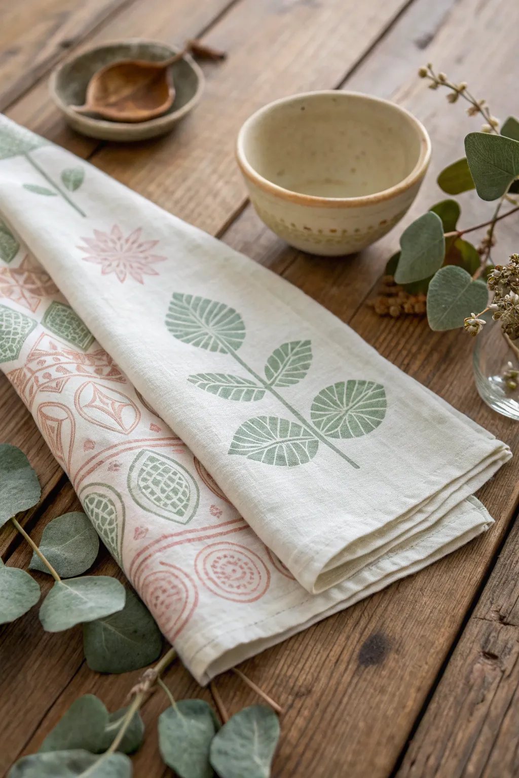 Craft your love with these charming hand-stamped tea towels, the perfect blend of Scandinavian minimalism and boho charm for a heartfelt Valentine's gift.