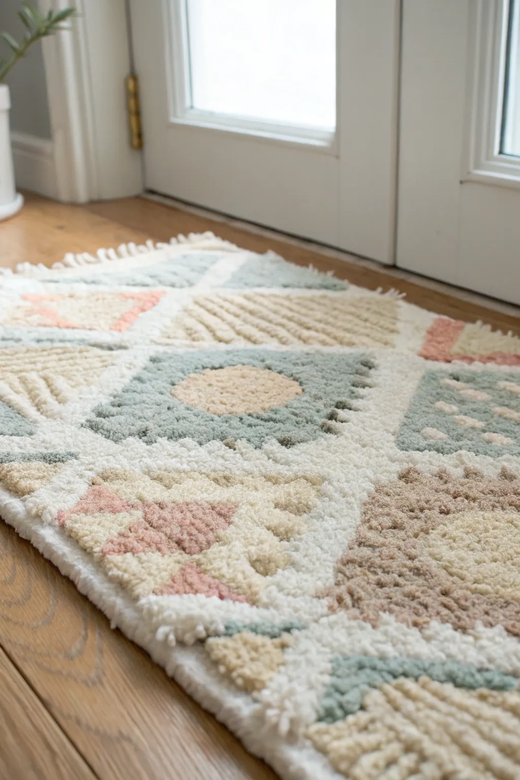 Discover the beauty of upcycling with this charming latch hook rug, where recycled fabrics meet minimalist elegance.