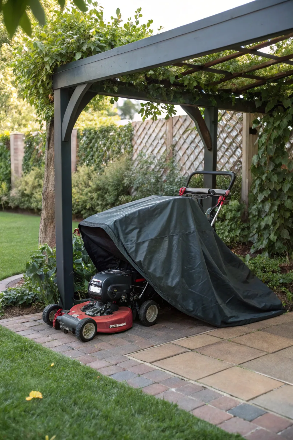 A lawn mower safely stored under a pergola with weather protection.