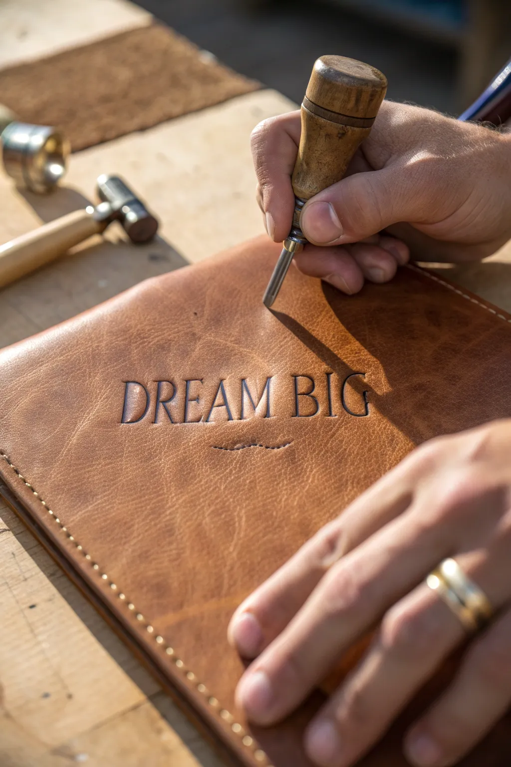 Craft your legacy with every mark: 'Dream Big' in leather.
