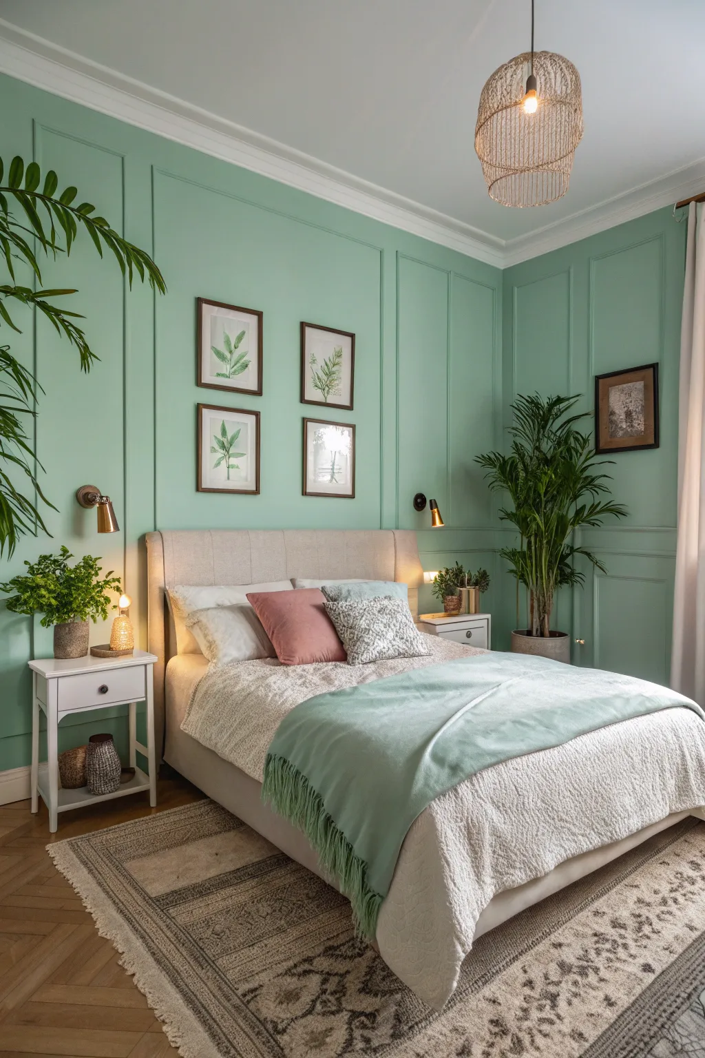 A tranquil bedroom with light mint walls and soft furnishings.
