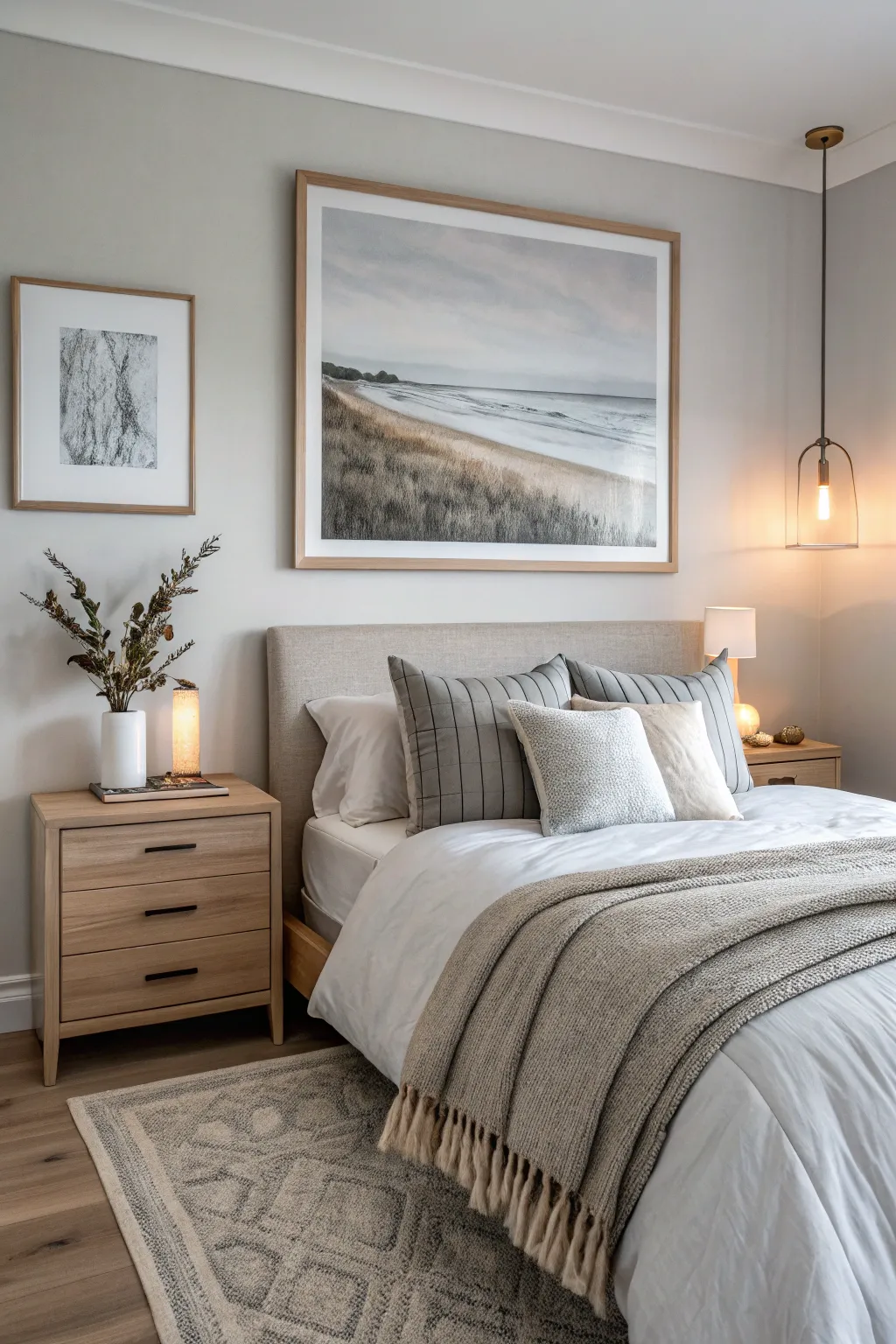 Wall art in neutral tones adds a personal touch to a serene bedroom.