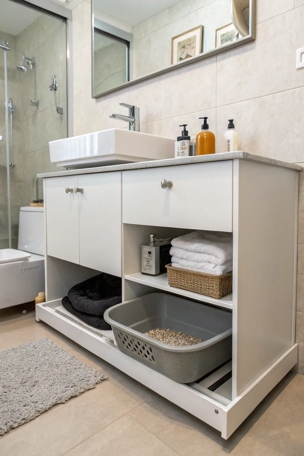 Elevated platforms keep the litter box accessible and easy to clean.
