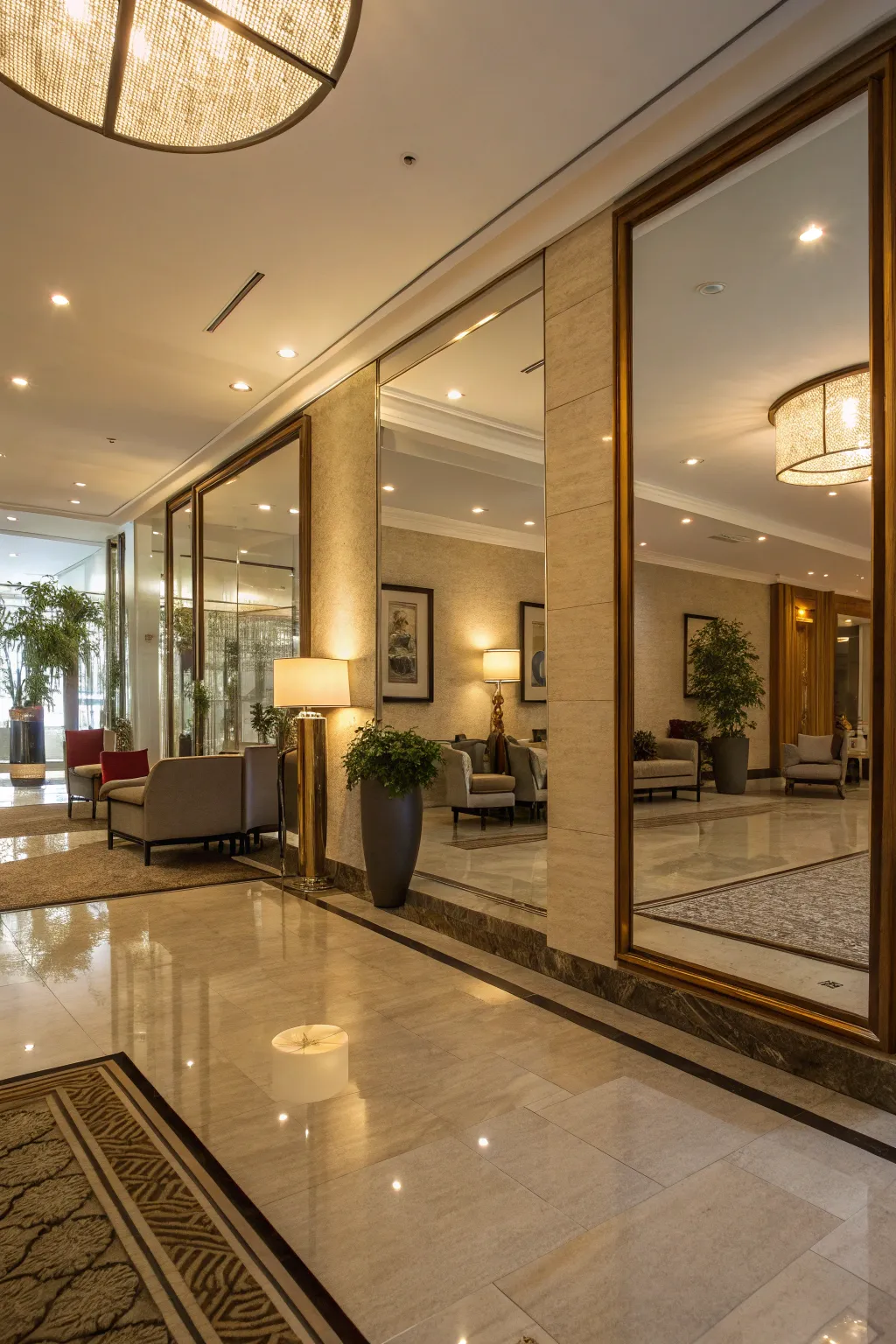 Mirrors enhancing the depth of a lobby.