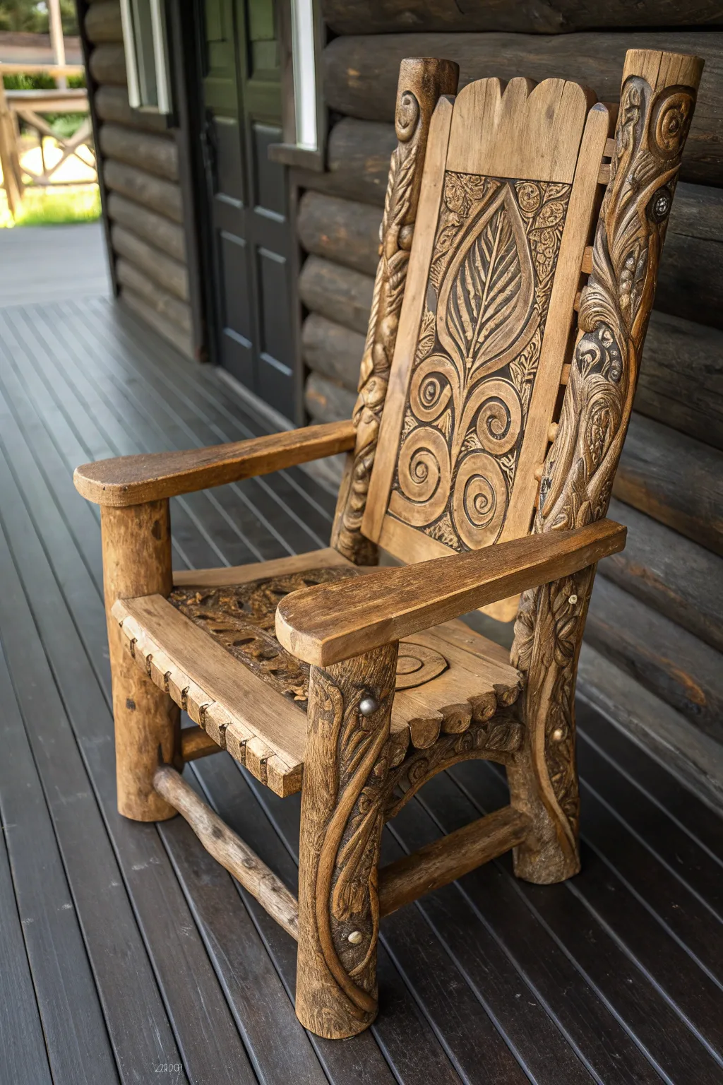 Elevate your space with an intricately carved log chair that embodies the essence of artisan craftsmanship.