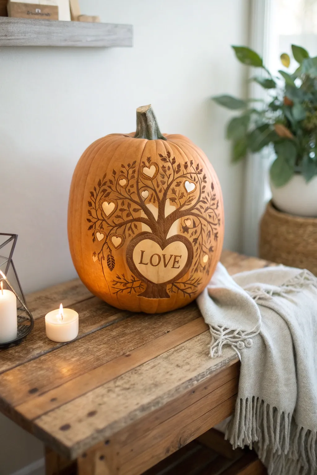 Embrace young love with a beautifully carved love tree pumpkin. 🍂❤️ #PumpkinCarving #ScandinavianBoho #AutumnCraft