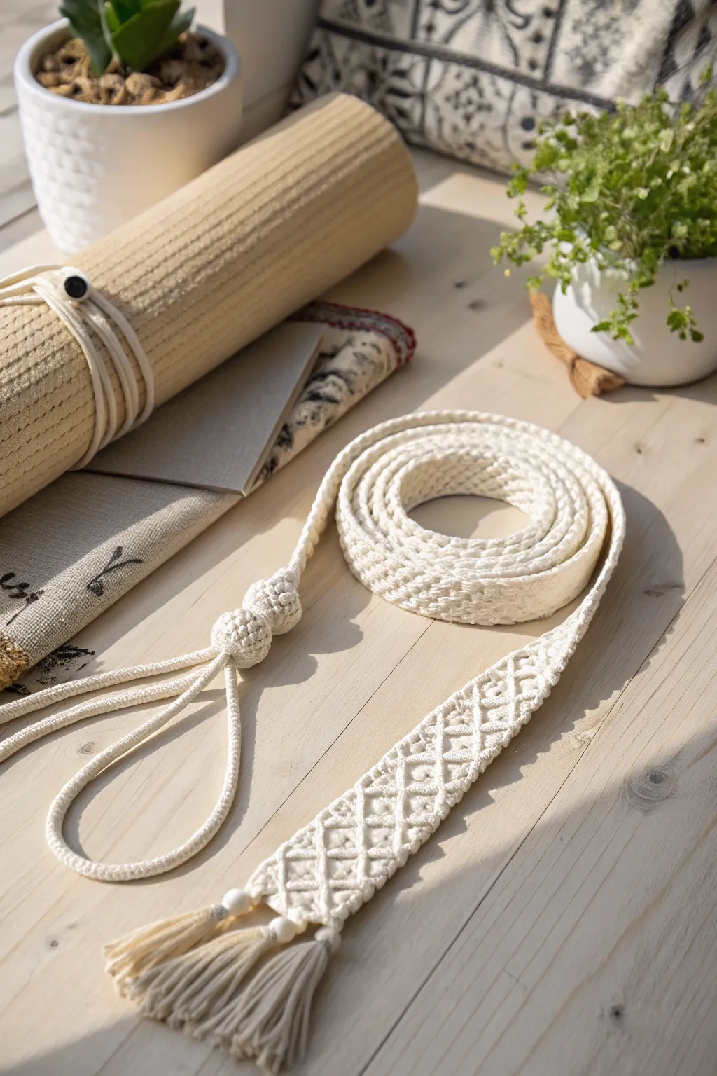 Elevate your yoga routine with a handcrafted macrame mat strap that blends function with boho-chic style.