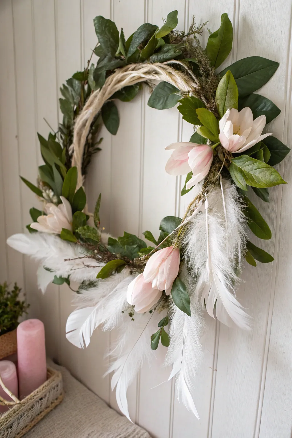 Elevate your decor with a touch of feathered elegance in this handcrafted magnolia wreath. 🌿✨