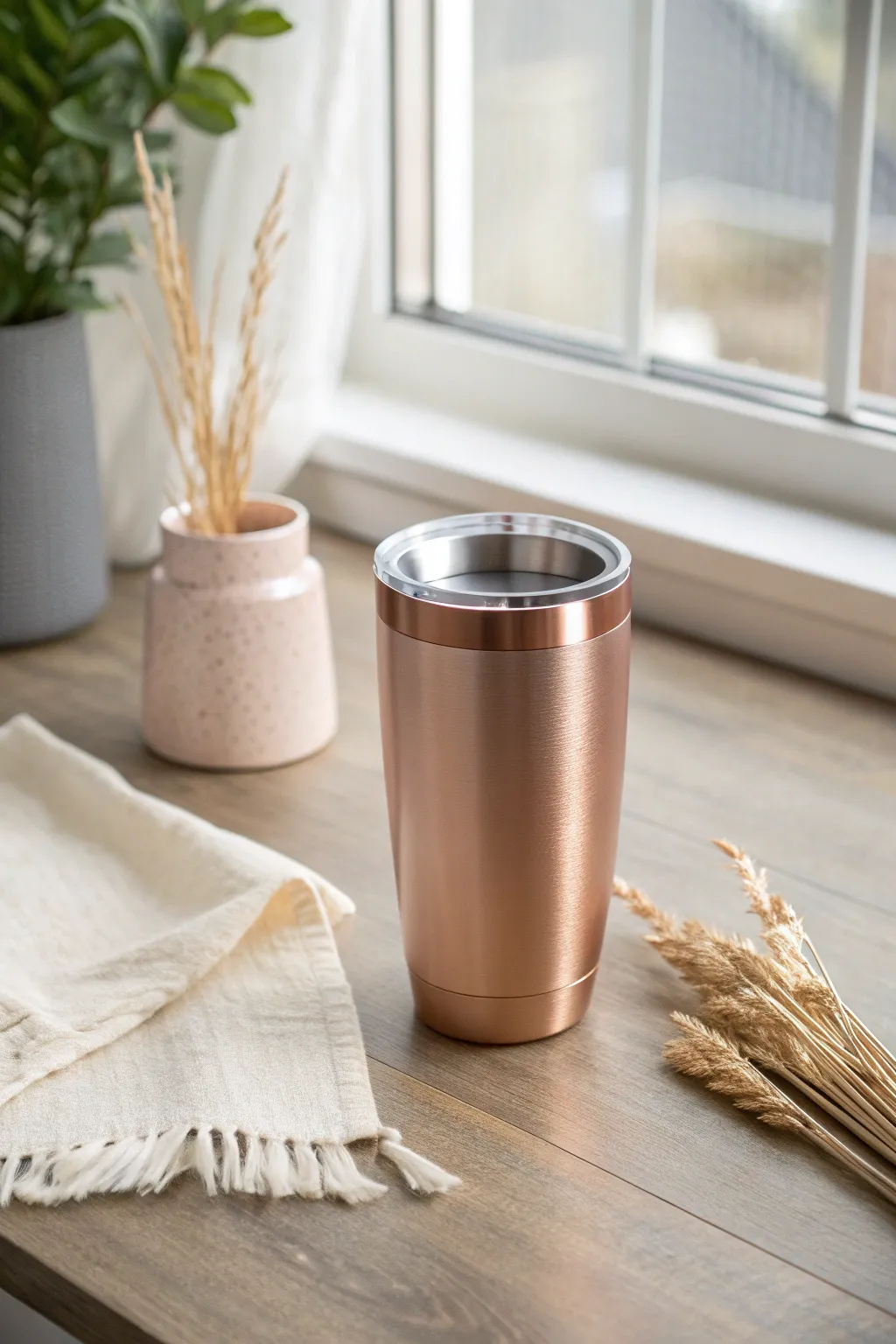 Sip in style with this chic and elegant rose gold tumbler, the perfect blend of minimalism and sophistication.