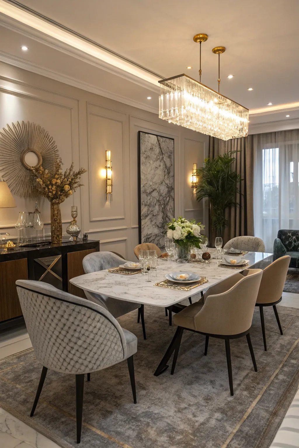 A marble tabletop turns dining into an artful experience.