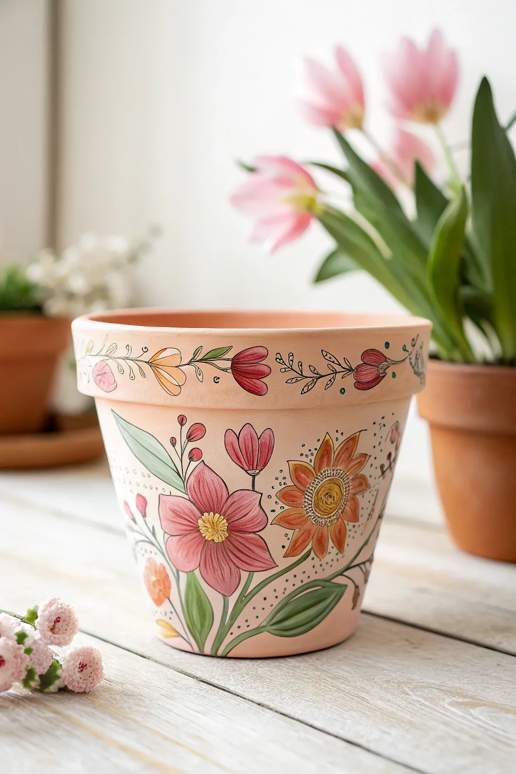Welcome spring with a beautifully hand-painted floral pot, where simplicity meets vibrant creativity.