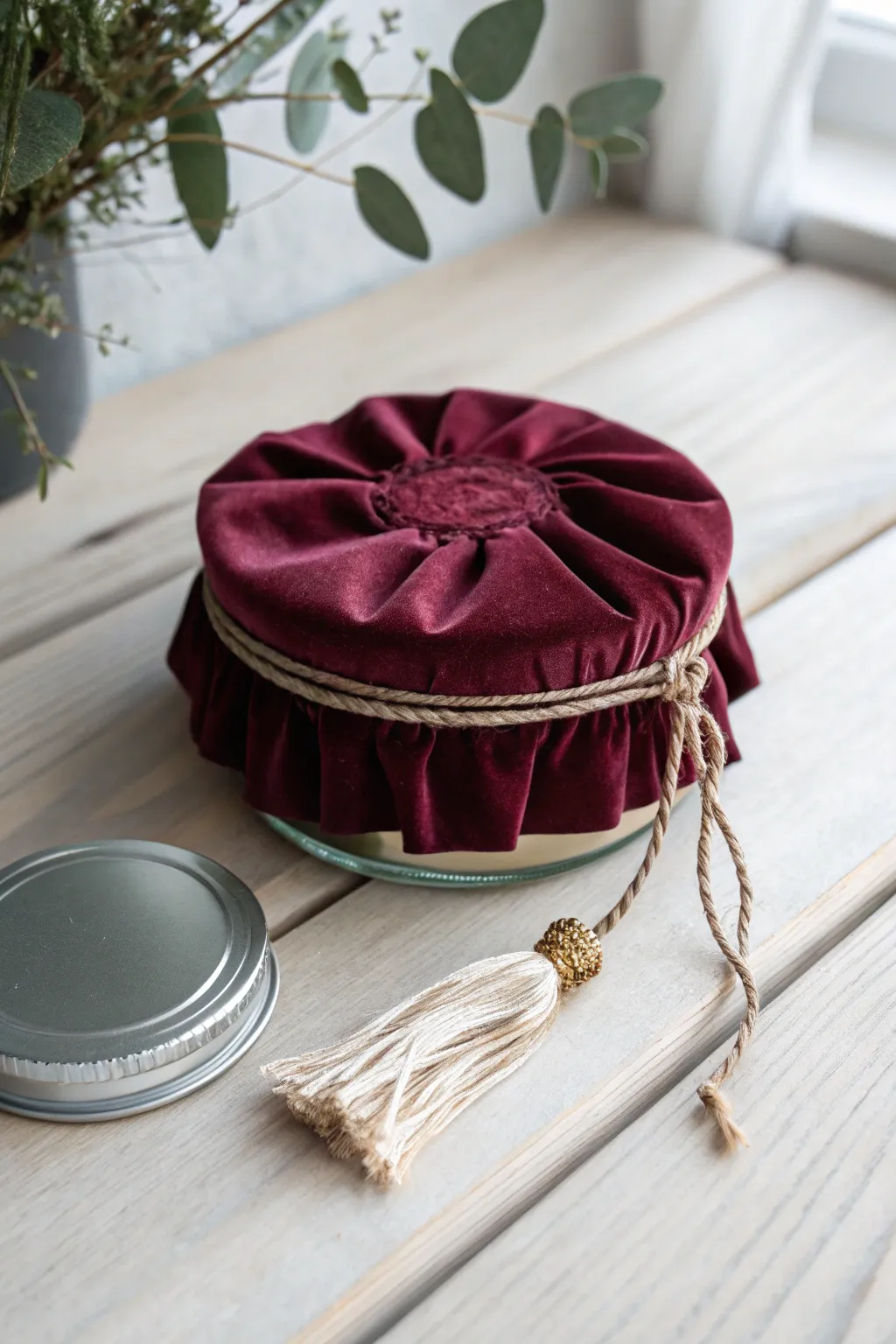 Transform your mason jar lids into elegant holiday ornaments with luxurious fabric and boho charm.