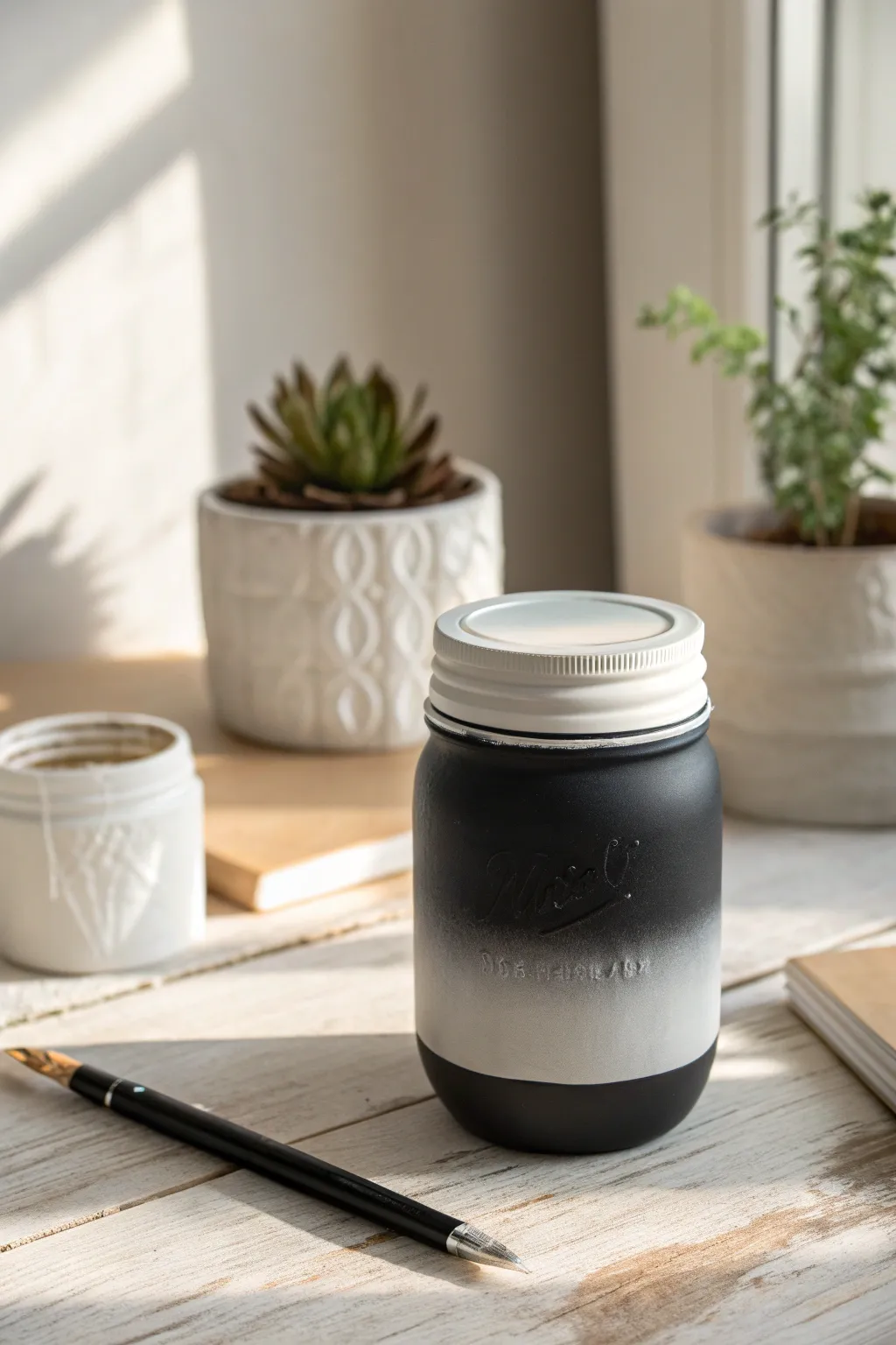 Elevate your office space with monochrome elegance: a minimalist mason jar storage solution.