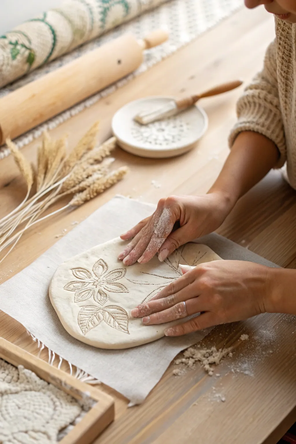 Crafting serenity: Dive into the art of textured clay creations with a touch of boho elegance.