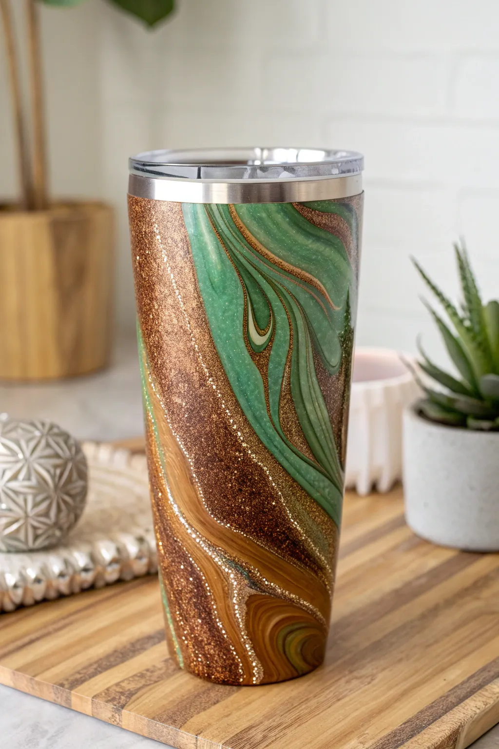Embrace the serenity of nature with this stunning mica powder tumbler, where earthy tones meet vibrant greens, capturing the essence of a tranquil garden.