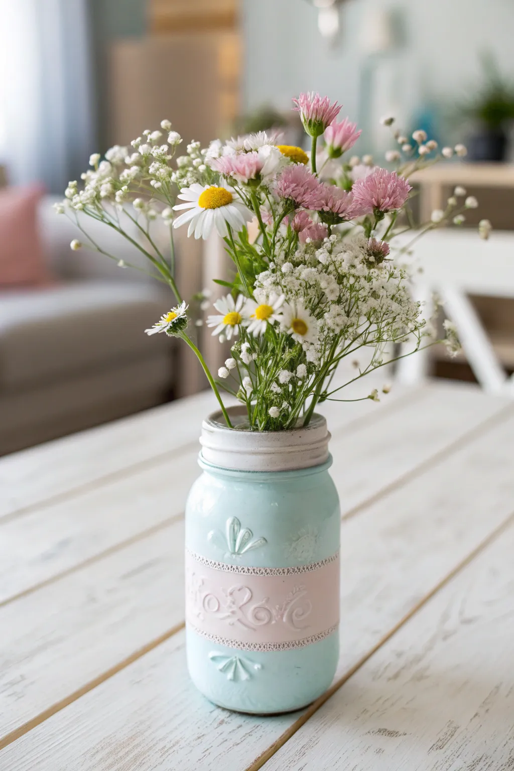 Elevate your space with a touch of handcrafted beauty – a painted mason jar vase filled with fresh blooms.