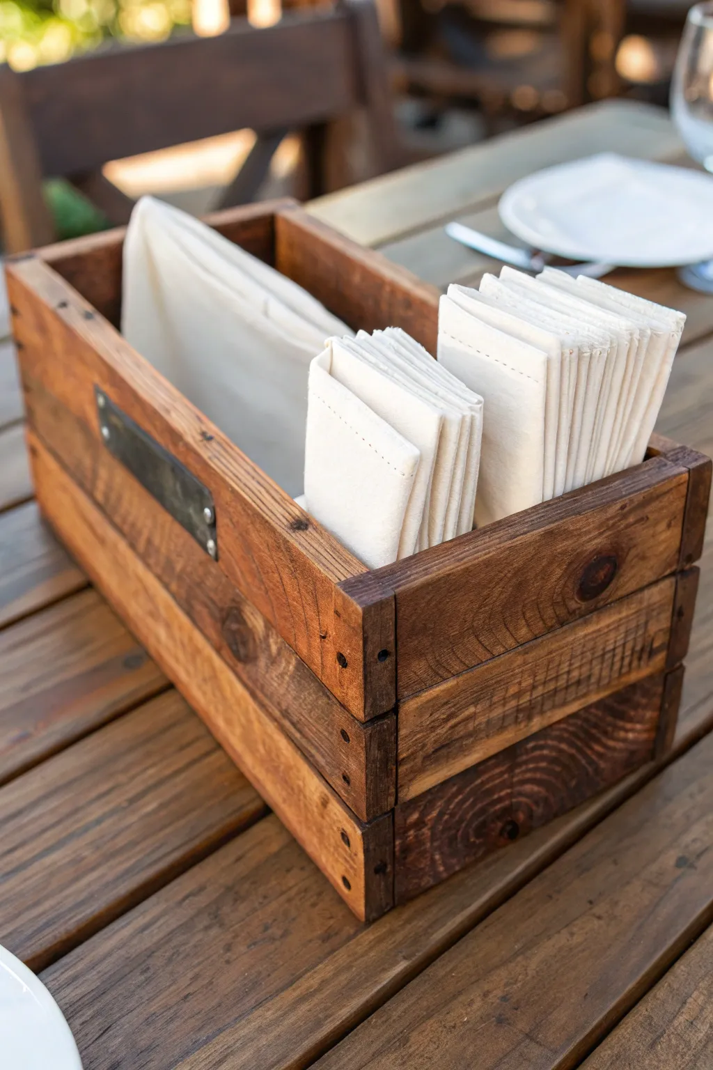 Elevate your dining with handcrafted charm: Rustic napkin holder in a mini wooden crate.