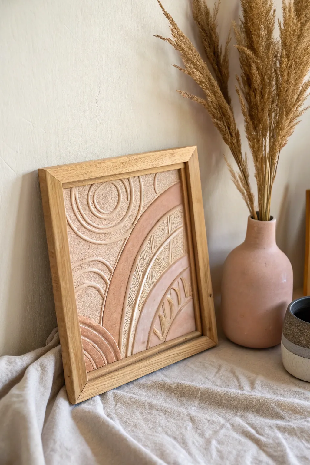 Elevate your space with framed clay art—where minimalism meets bohemian charm.