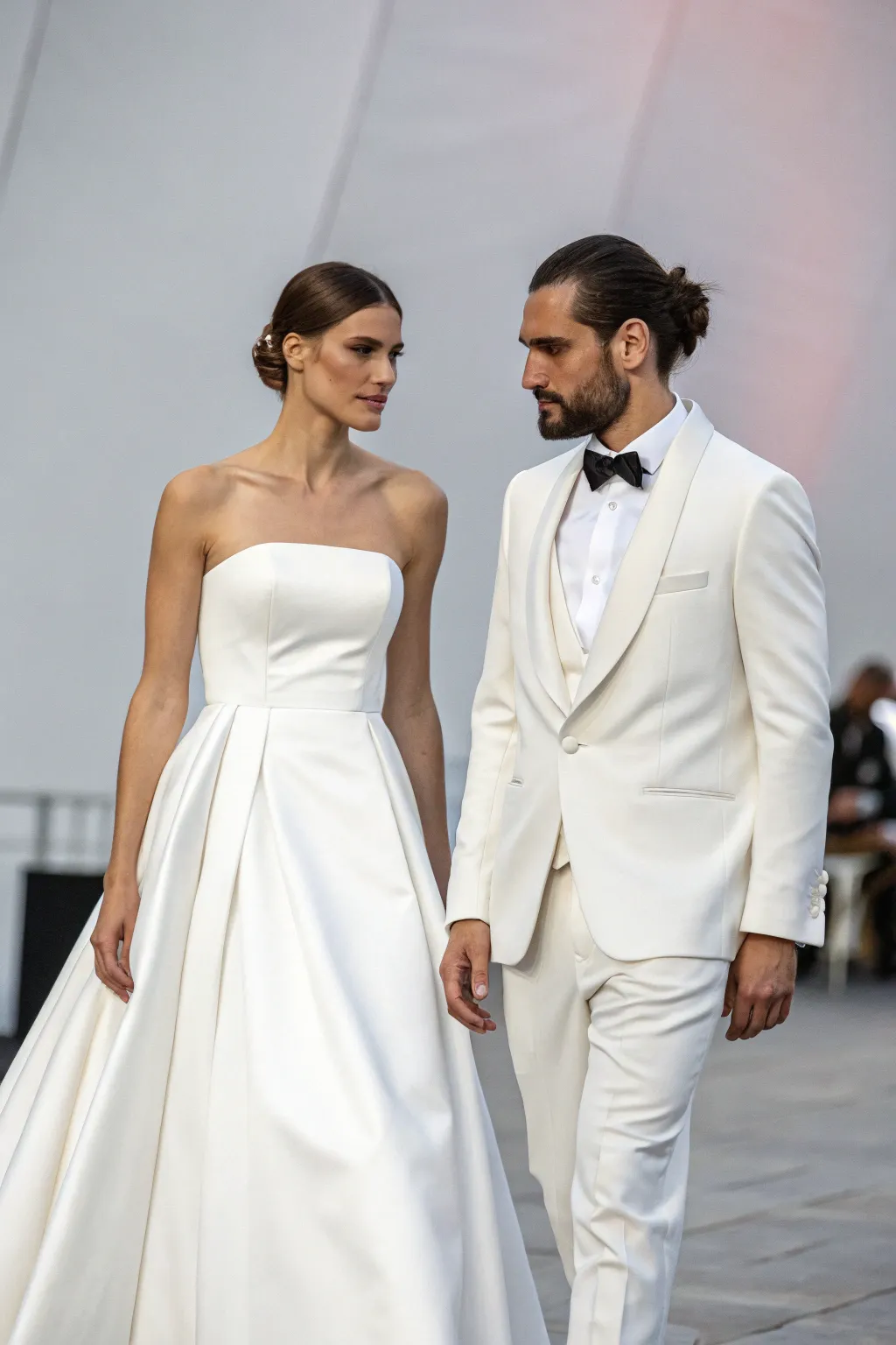 Uncomplicated attire that enhances the minimalist wedding aesthetic.