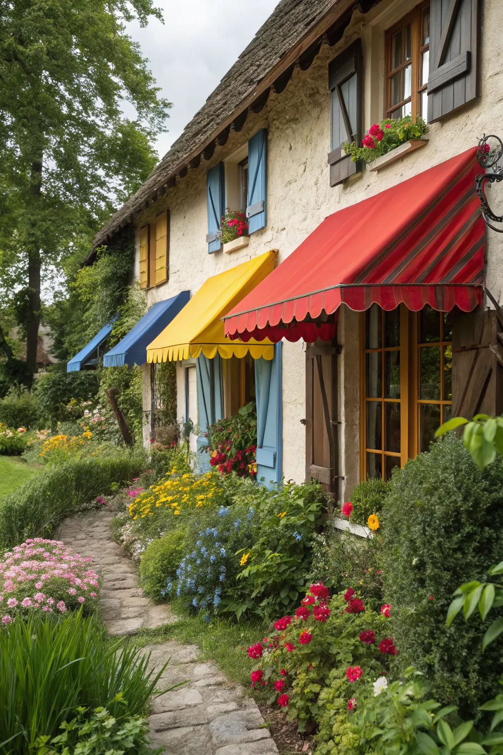 Playful color pops on awnings bring a cheerful touch to this farmhouse.