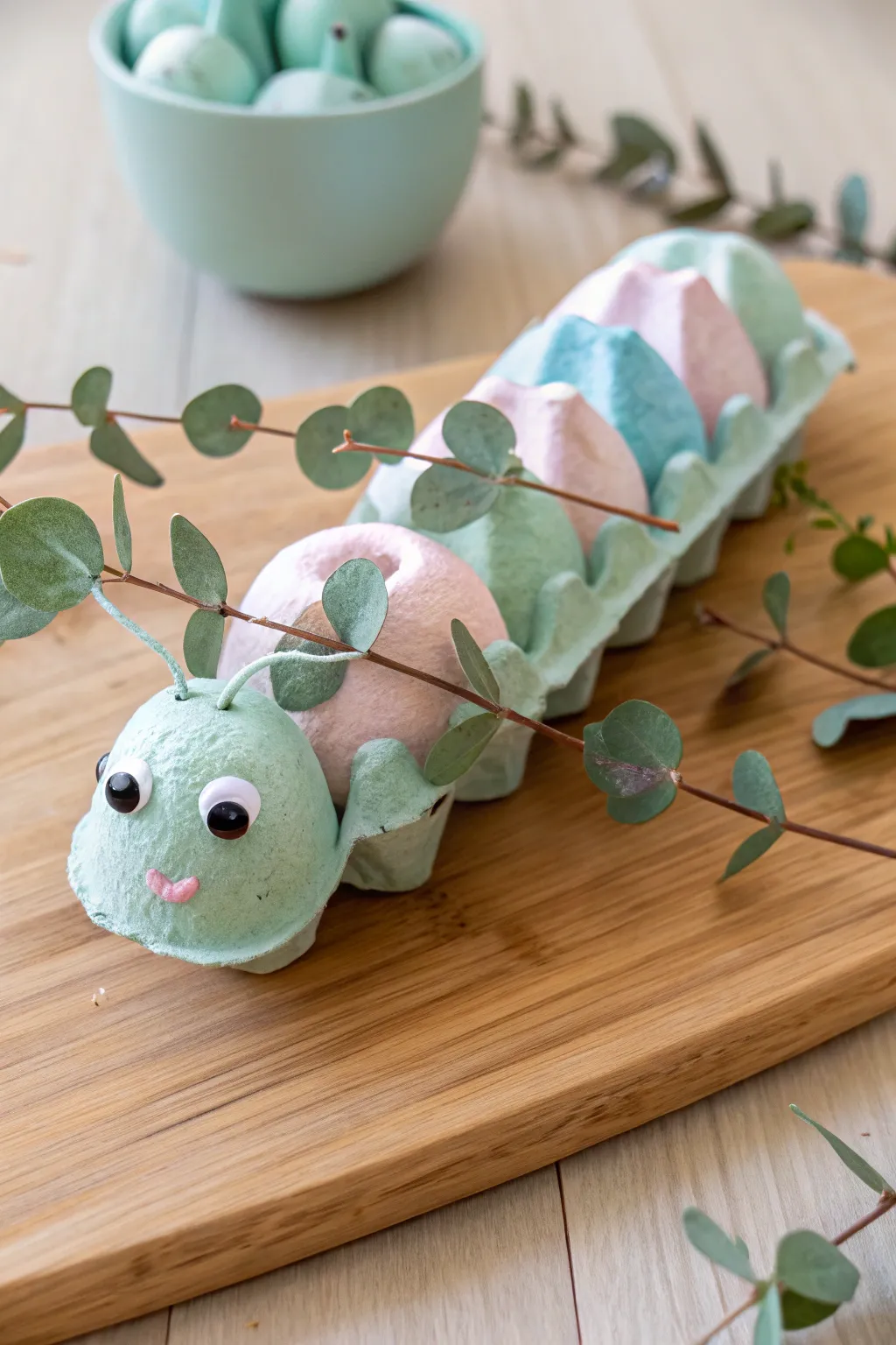 Crafting moments: A charming egg carton caterpillar brings whimsy and warmth to your decor.
