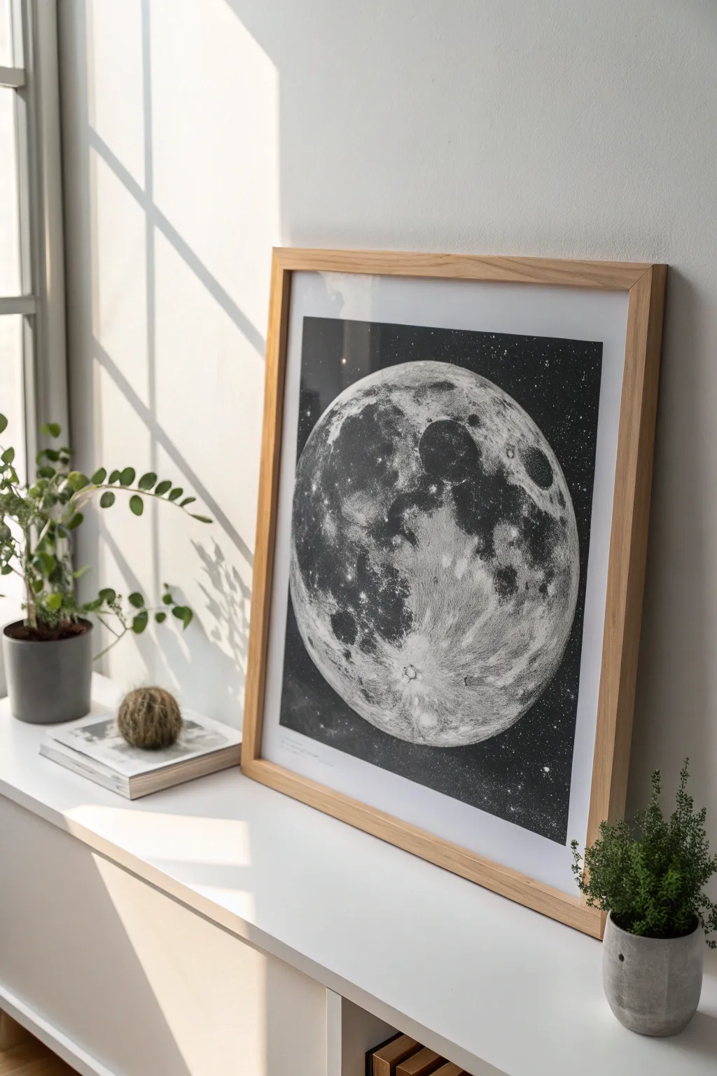 Embrace the serene beauty of a celestial moonscape in shades of gray, where simplicity meets artistry.