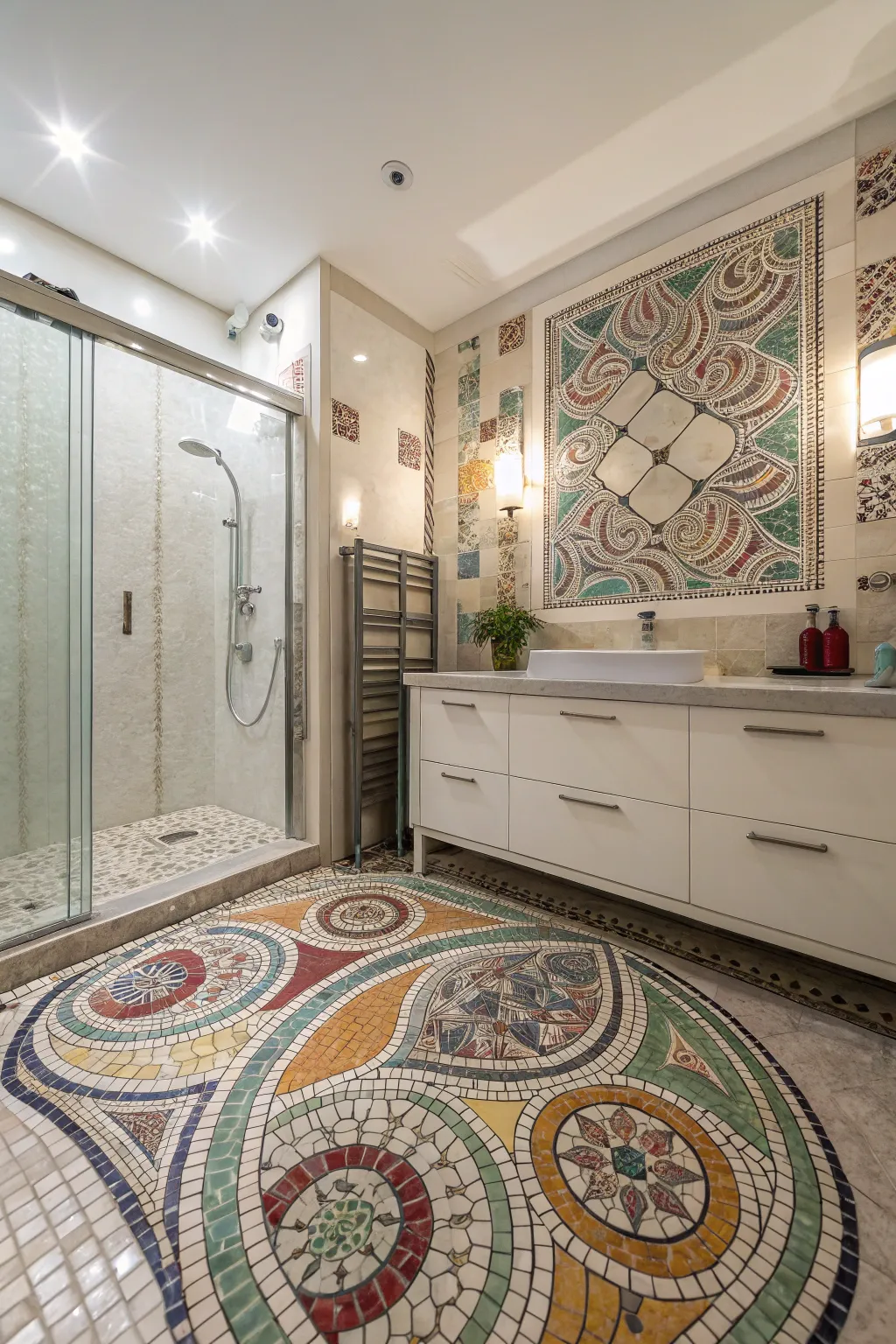 A feature wall extends the mosaic tile pattern for a cohesive look.