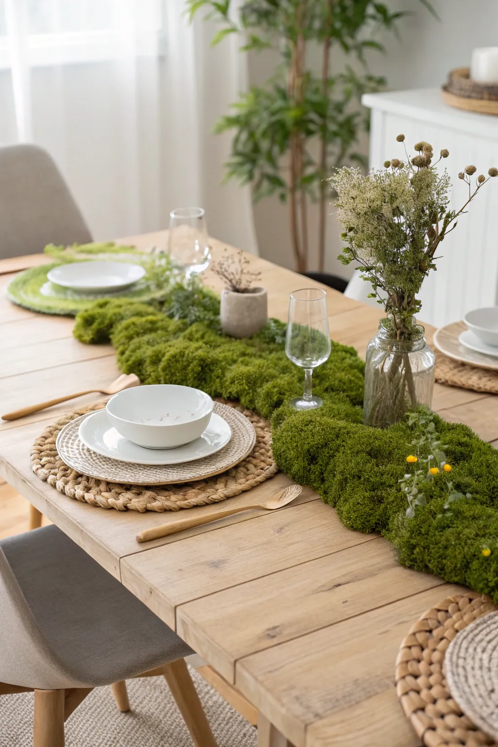 Bring a touch of nature to your dining experience with an elegant moss table runner.
