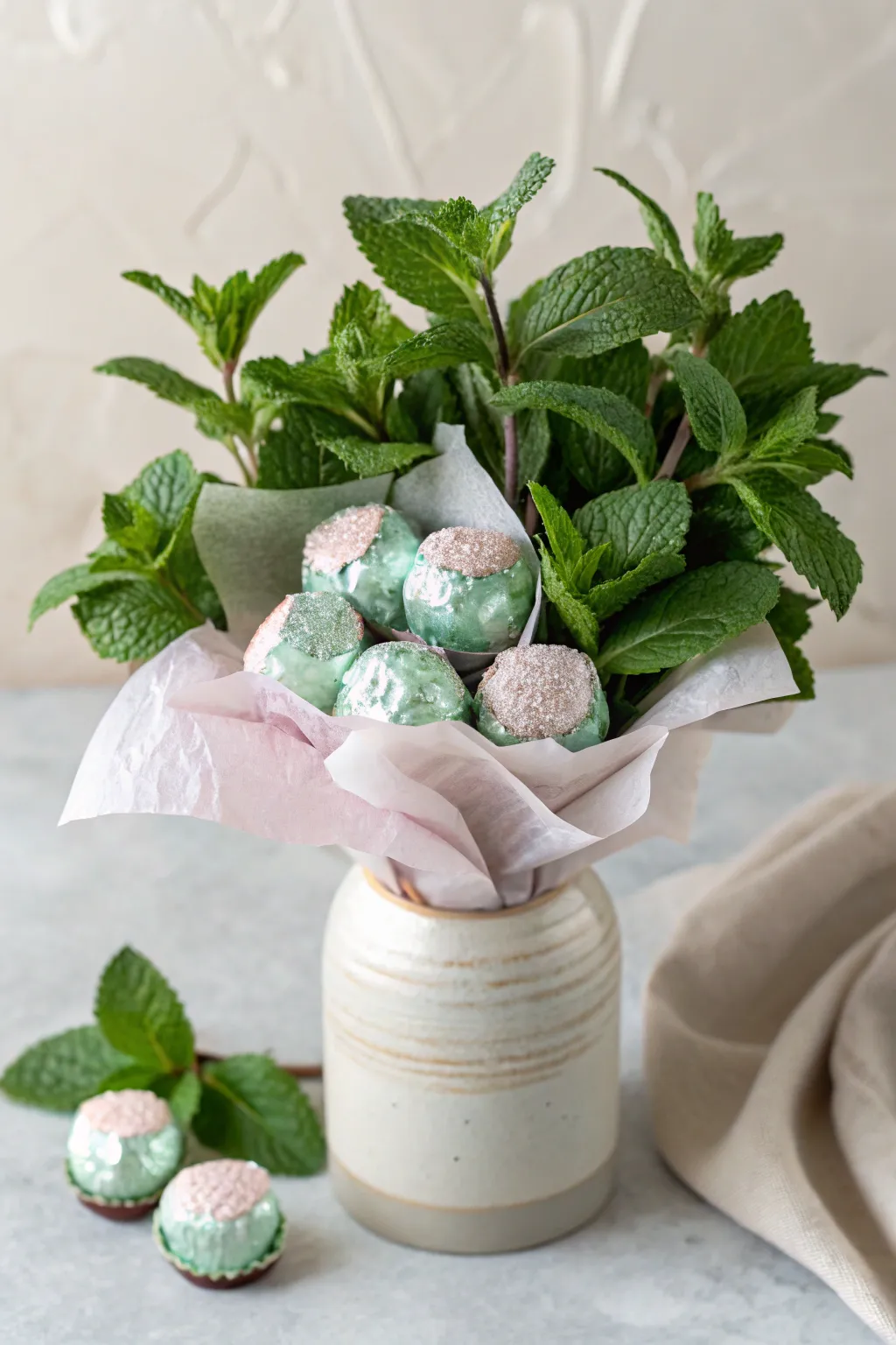 A refreshing twist on a classic gift: mint chocolate bouquet with fresh mint sprigs. Perfect for a Mother's Day surprise!