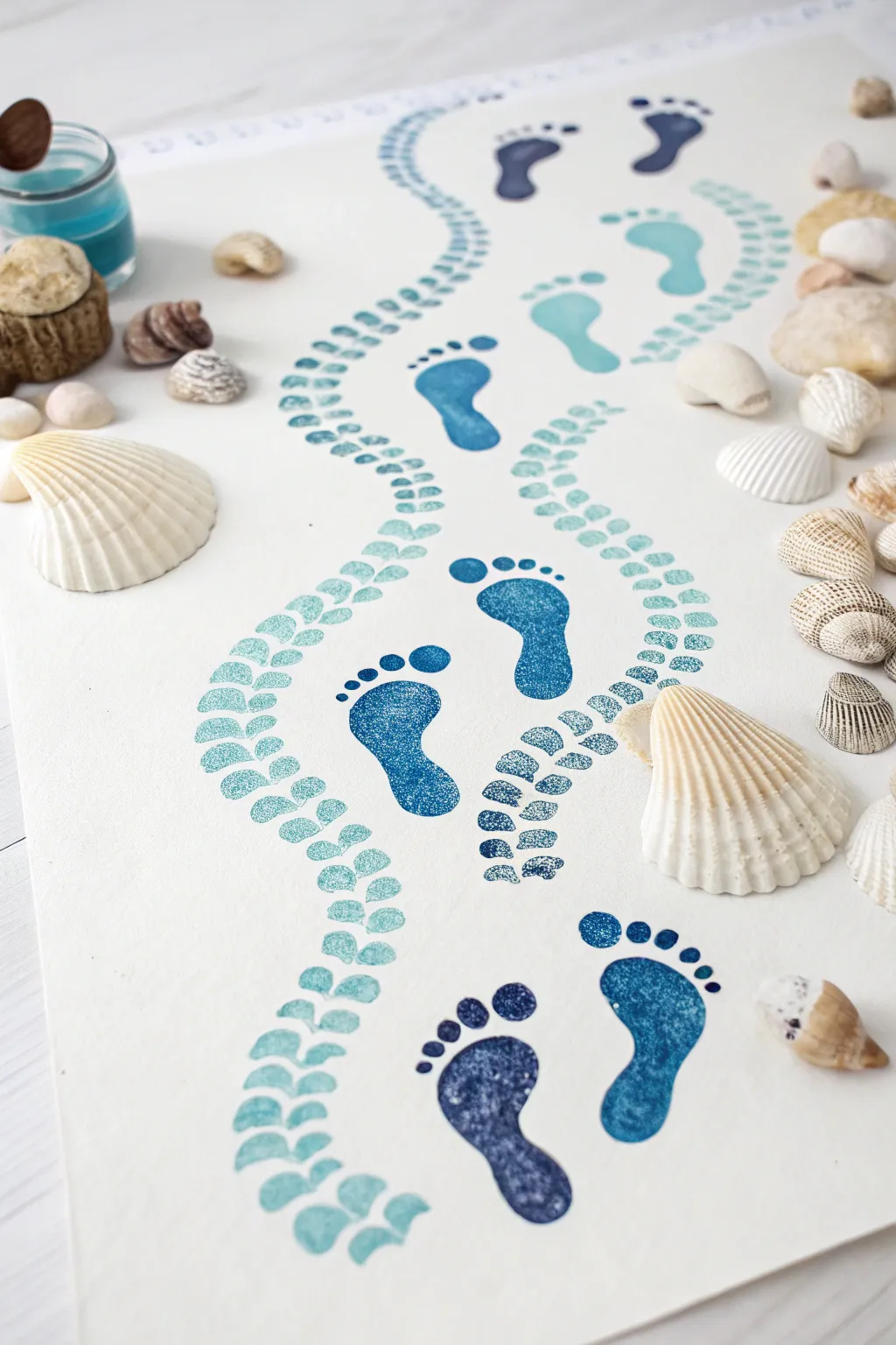Capture the essence of summer with ocean waves crafted from delicate footprints. A serene tribute to Mother's Day.