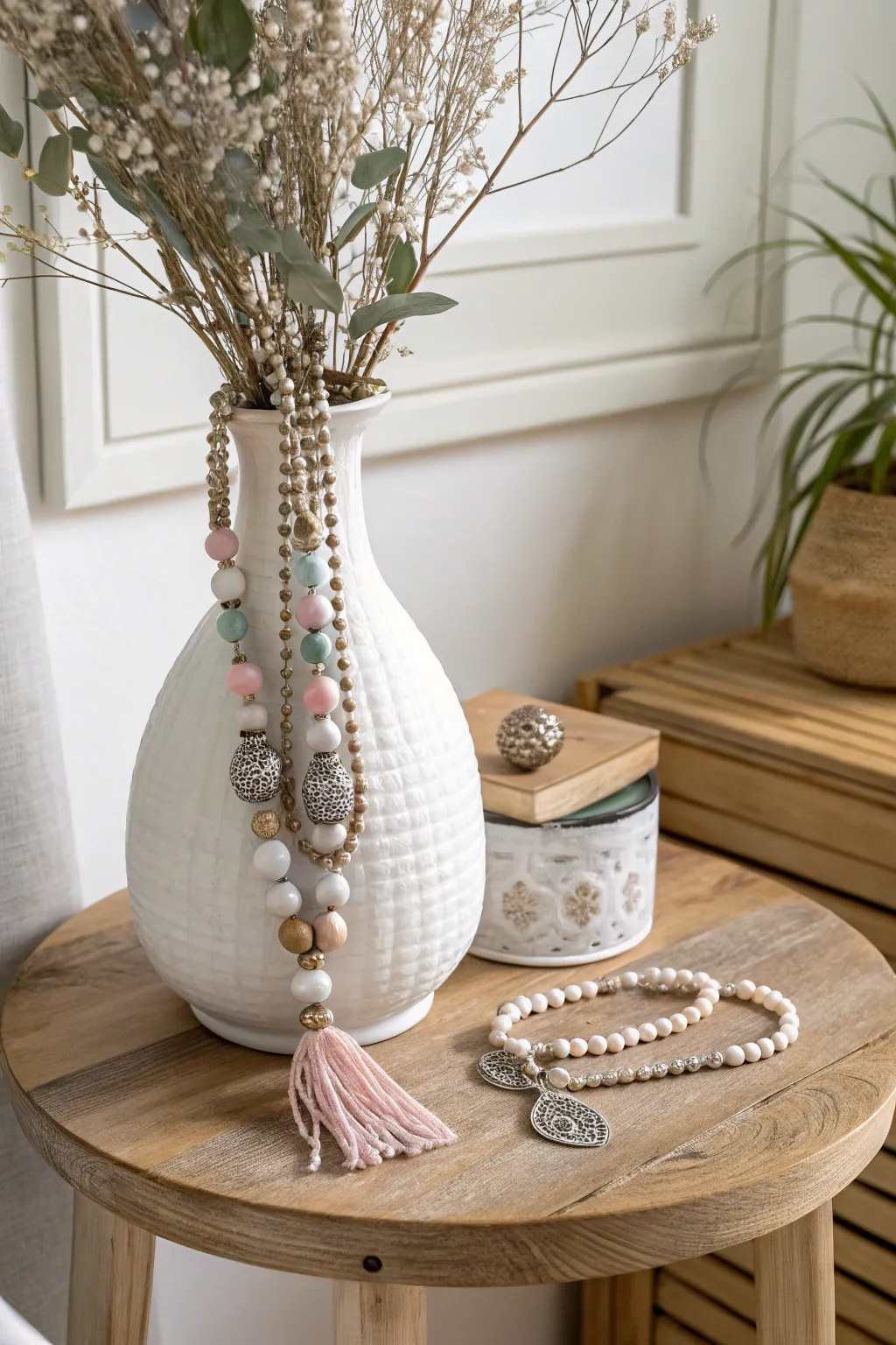 Transform old jewelry into a chic centerpiece with this Beaded Necklace Vase, perfect for a touch of elegance and charm.