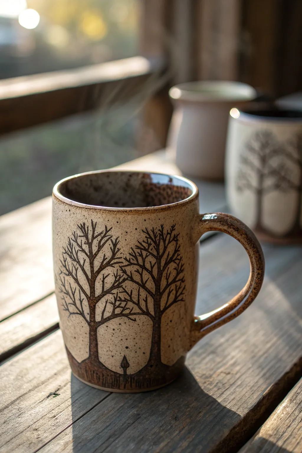 Start your day with rustic charm: a handcrafted mug adorned with tree silhouettes for a touch of nature.